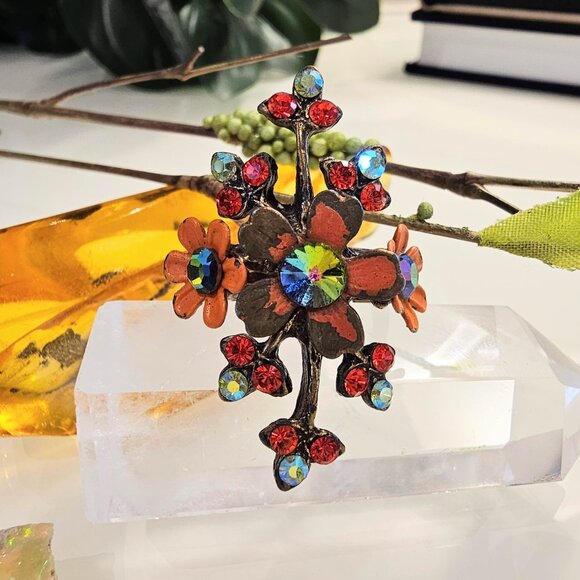 Vintage Michal Negrin Swarovski Orange Floral RIng - Picture 2 of 6